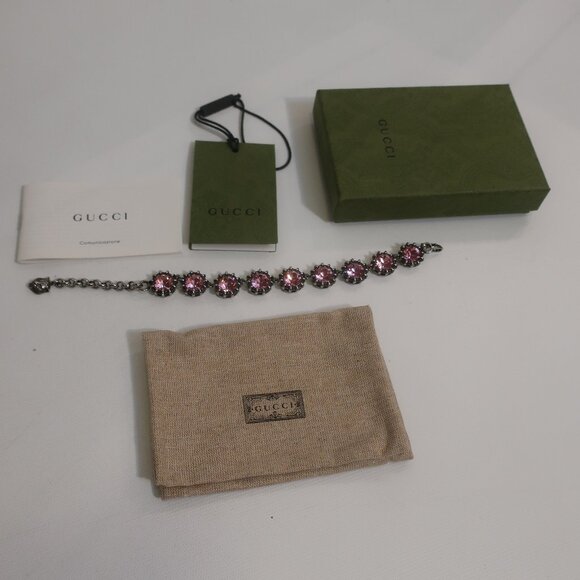 Authentic Gucci Feline Head Pink Crystal Silver Chain Link Adjustable Bracelet - Picture 3 of 12
